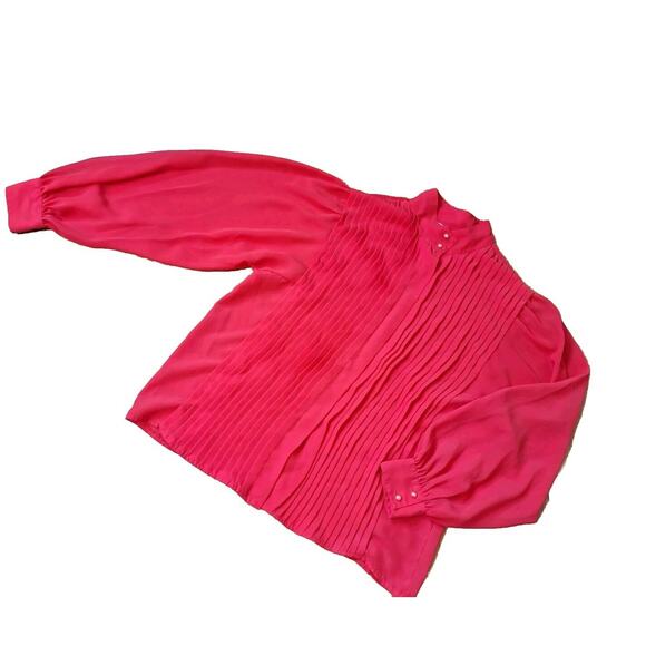 Vintage 80s Chaus High Neck Pleated Secretary Blouse Size 16 L Balloon Sleeves - Picture 1 of 10